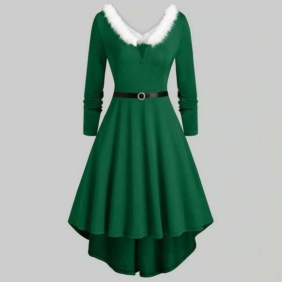 Aboser Mrs Claus Santa Costume Dresses for Women 2024 Winter A-Line Dress Xmas Furry Trim Midi Dresses Christmas Dress Santa Clause Outfit