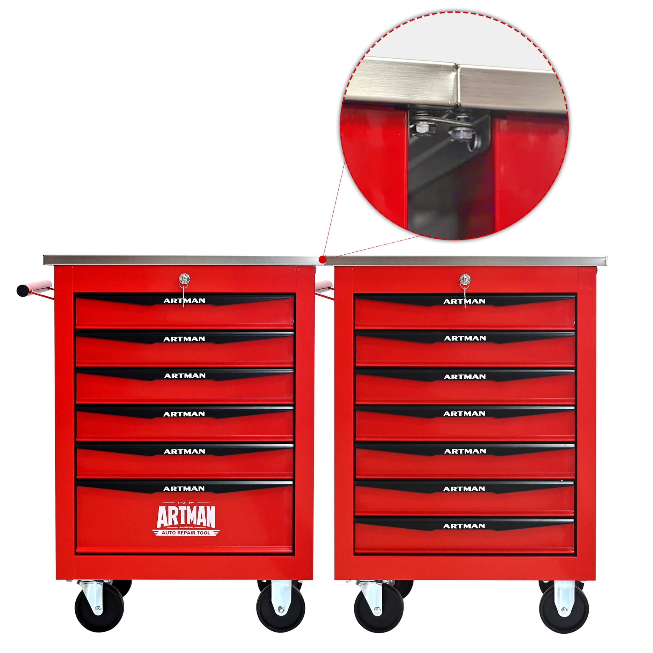 Noble House 6-Drawer Rolling Tool Organizer Cart, Steel Mobile Chest Storage with Worktop for Garage Workshop, Red