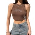 thumbnail image 2 of Txlixc - Camiseta sin mangas para mujer con cuello redondo y diamantes de imitación Txlixc ajustado, 2 of 8