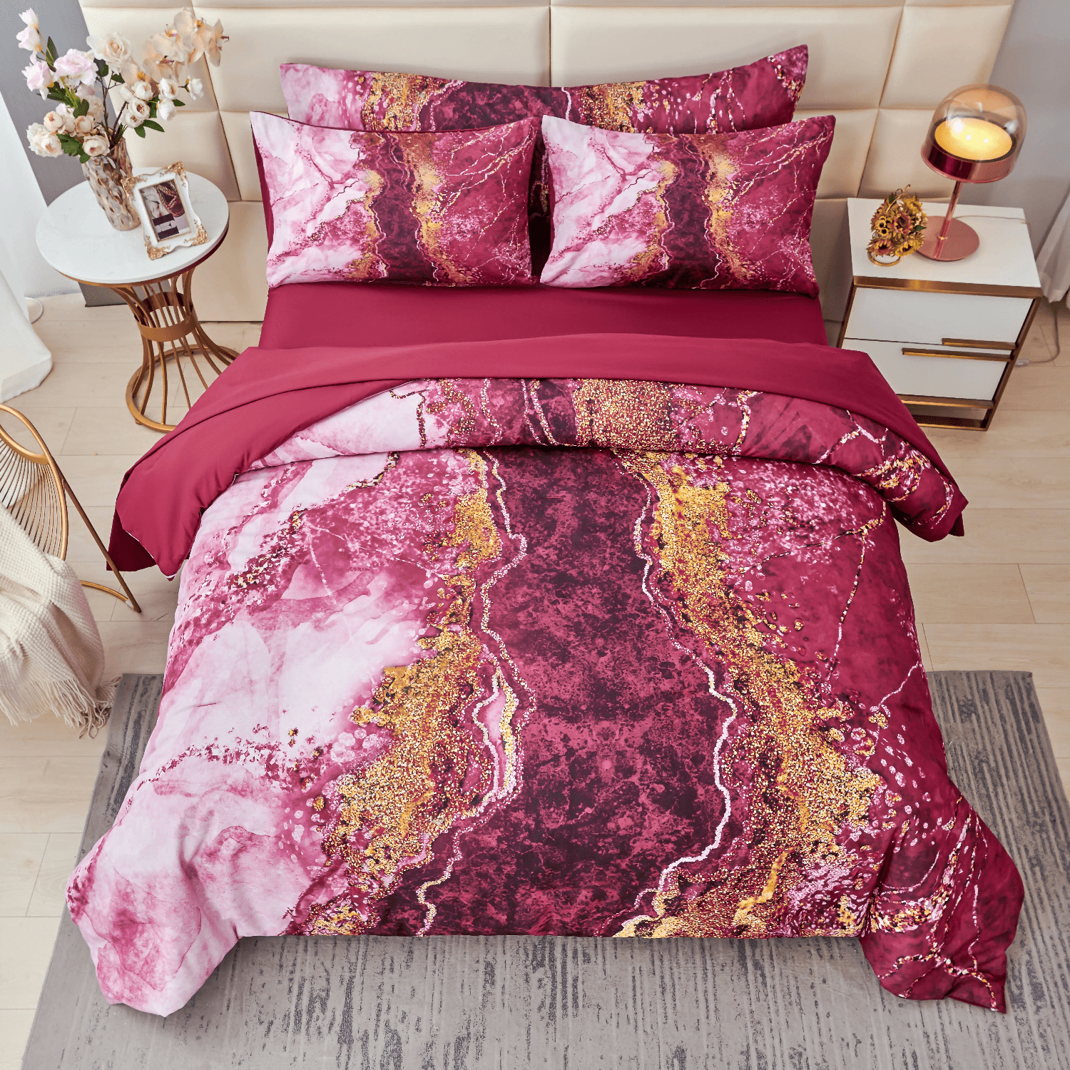 PERFEMET Burgundy Full Size Comforter Set for Women Men 6-Piece Marble Bed in a Bag Bedding Comforter Set for All Season