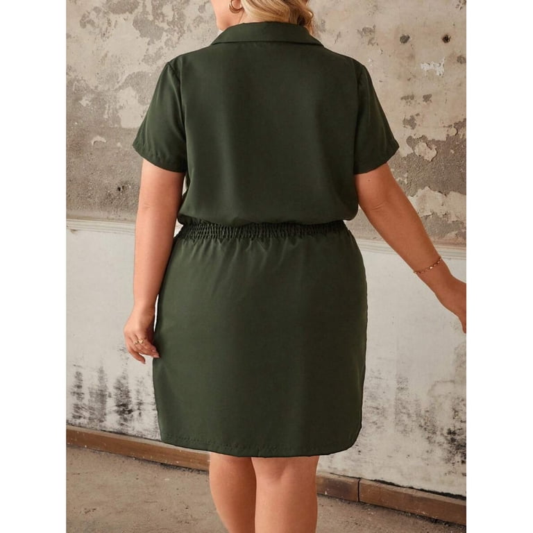 army green dress plus size Womens Shirt With Elastic Waist, Half-Open Front, Short Sleeve, Casual Utility Mini Dress Fairytale & Storybook