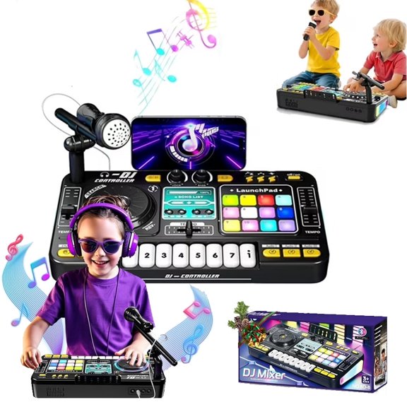 DJ Mixer for Kids with Microphone&Bluetooth, 8-Key Keyboard Piano Light up DJ Turntable with 12 MIDI, Piano Musical Instruments Toys for Boys Girls Birthday Gift for Kids Age 4 5 6 7 