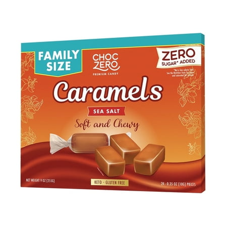 ChocZero Sea Salt Caramels, Sugar Free, Keto Friendly, Individually Wrapped, 9oz Box
