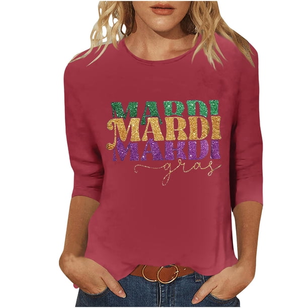 3/4 Manga Tops para las Mujeres Carnaval Impreso Cuello Redondo Blusa Casual, Cómoda Mezcla de Poliéster Spandex para el Hogar Y el Uso Diario