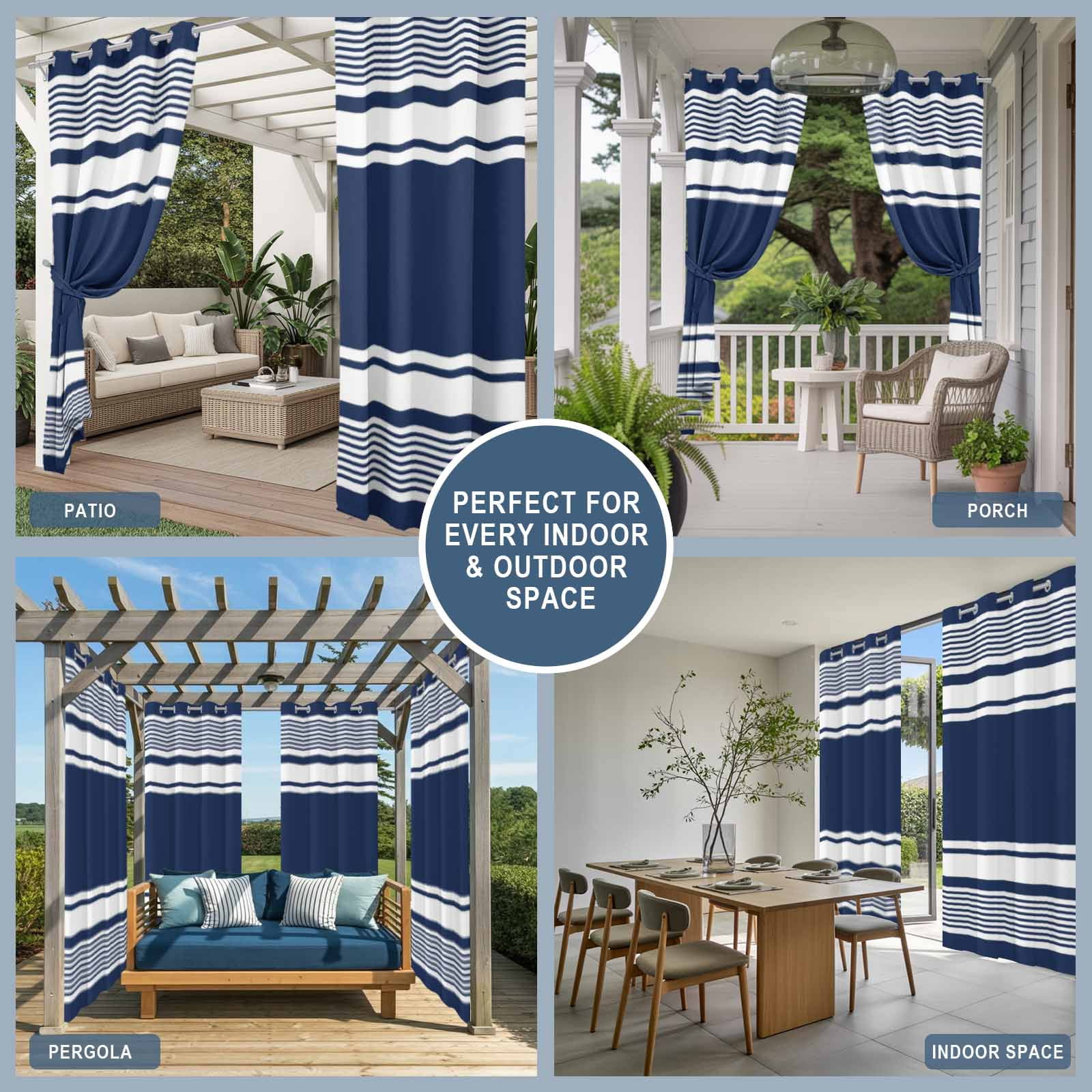 Navy Sage Striped Outdoor Curtains for Patio, Modern Classic Stripe Rustic Country Farmhouse Sunshade Privacy Drapes Grommet Waterproof Outside Curtains for Porch/Cabana/Balcony 54"x 95", 2 Panel