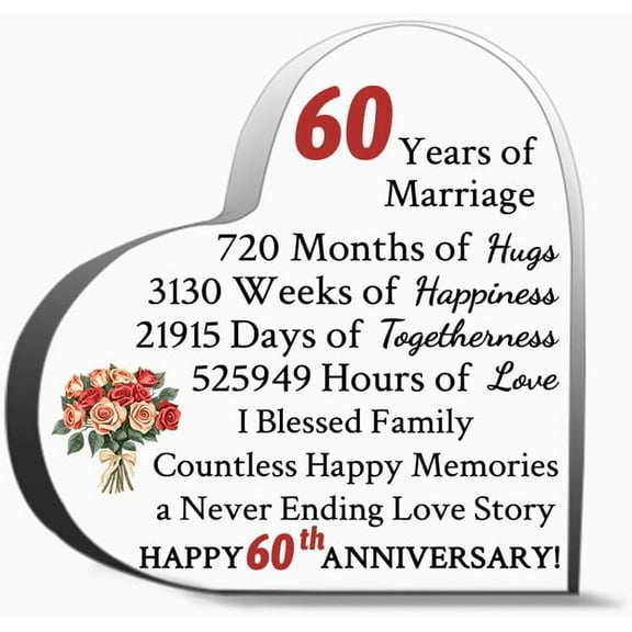 60Th For Couple 60 Years Gift Heart Shaped Acrylic Decor Couple Valentine S Day Gift Happy For Women Unique Acrylic Heart Shaped Plaque Desk Decorations Present Gifts