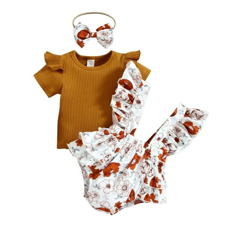 

nsendm 12 Month Girl Clothes Toddler Girls Short Sleeve Ribbed T Shirt Tops Ruffles Floral Girls Outfits Size 4 Coffee 6 Months