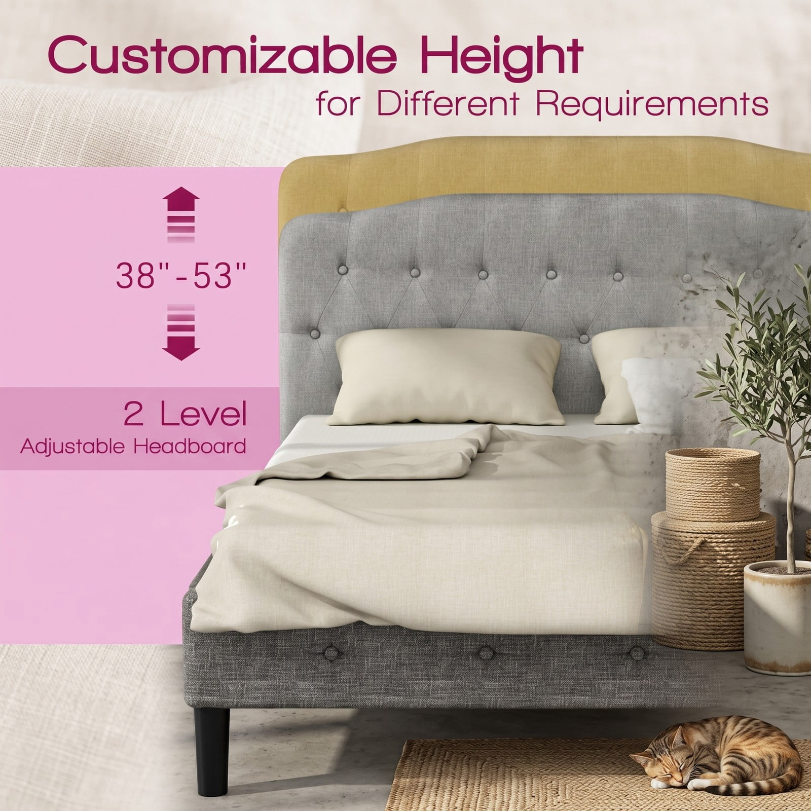 Furnibear Queen Upholstered Headboard with Diamond Button Tufting and 2 Adjustable Heights for Bedroom Wall Mount and Frame Mount, Light Gray
