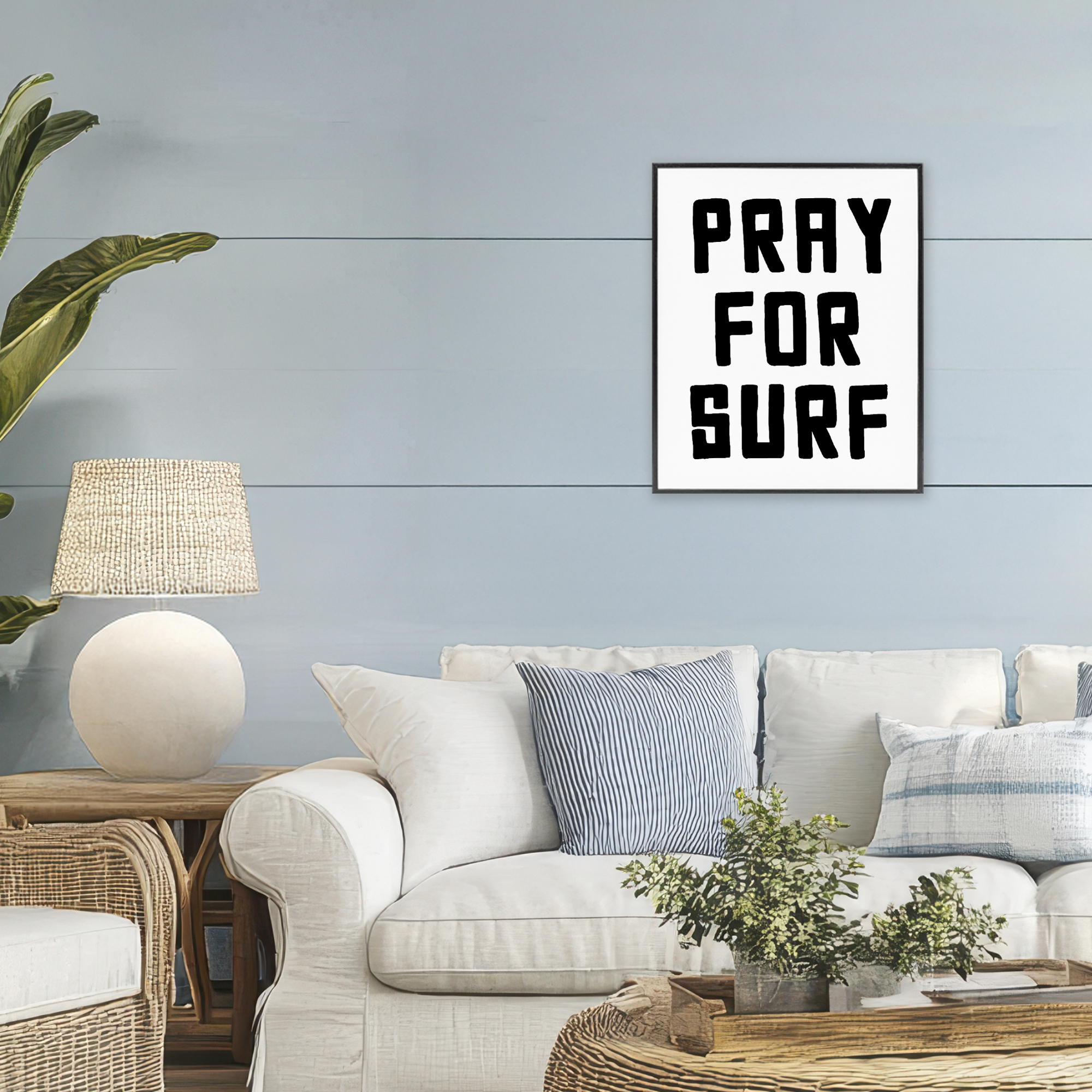 Pray For Surf Simple Sentiment Black Framed Giclee Art, design by Lettered and Lined