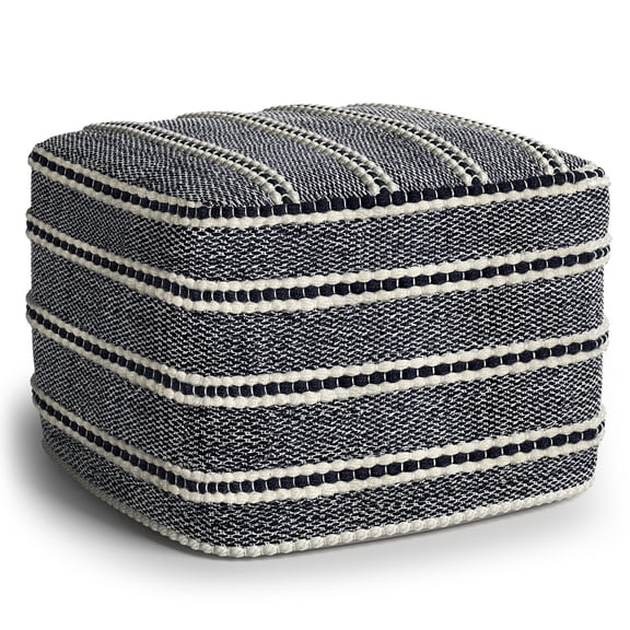 Simpli Home Corrie 18 inch Wide Boho Square Pouf in Navy and White Woven PET Polyester