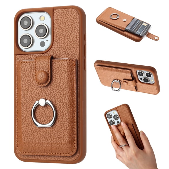 Wallet Phone Case Compatible with iPhone 13 Pro Max,With 360° Rotatable Finger Ring Holder Kickstand,Card Slots,PU Leather Shockproof Anti-fall Heavy Duty Rugged Phone Case,Brown
