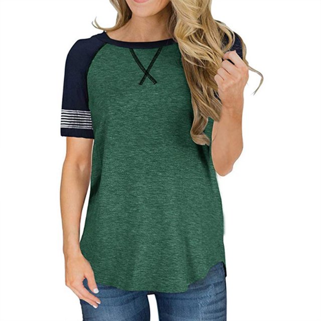 T-shirts à Manches Courtes pour Femmes Blouse Rayée à Blocs de Couleur Hauts Décontractés