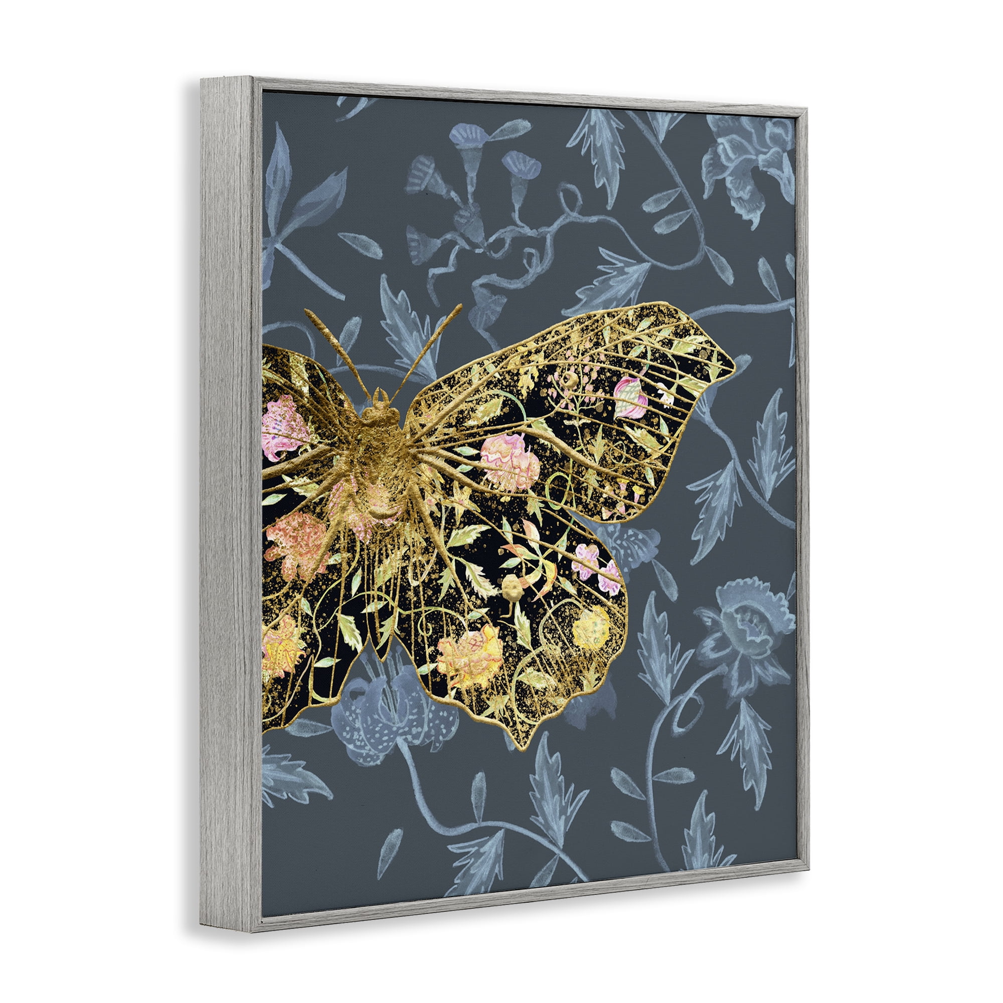 Stupell Industries Blue & Gold Butterfly Animals & Insects Painting Gray Framed Art Print Wall Art, 16 x 20