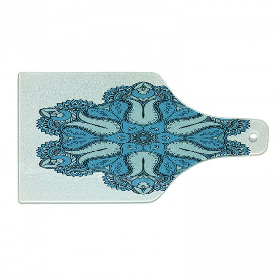 Mandala Cutting Board, Old Aged Artisan Occult Power with Tulip Petal and Crescent Moons Design, Decorative Tempered Glass Cutting and Serving Board, Wine Bottle Shape, Blue, by Ambesonne