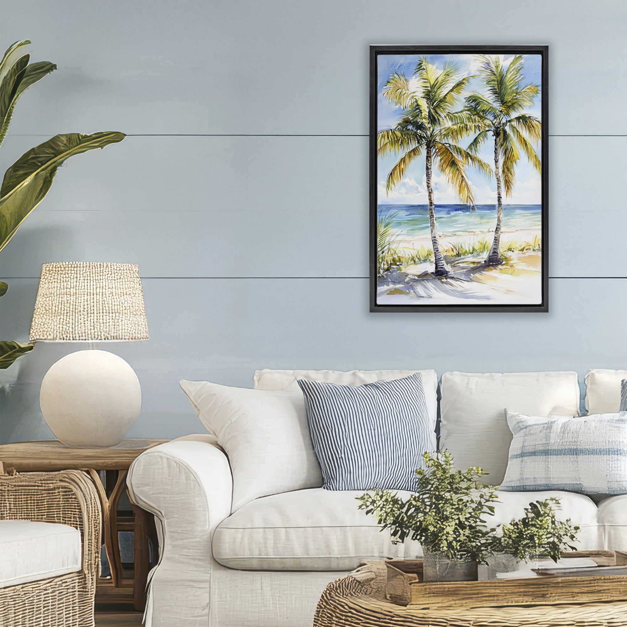 Stupell Industries Sandy Palms Duo Ocean View Black Framed Floater Canvas Wall Art, design by Petal Prints Design