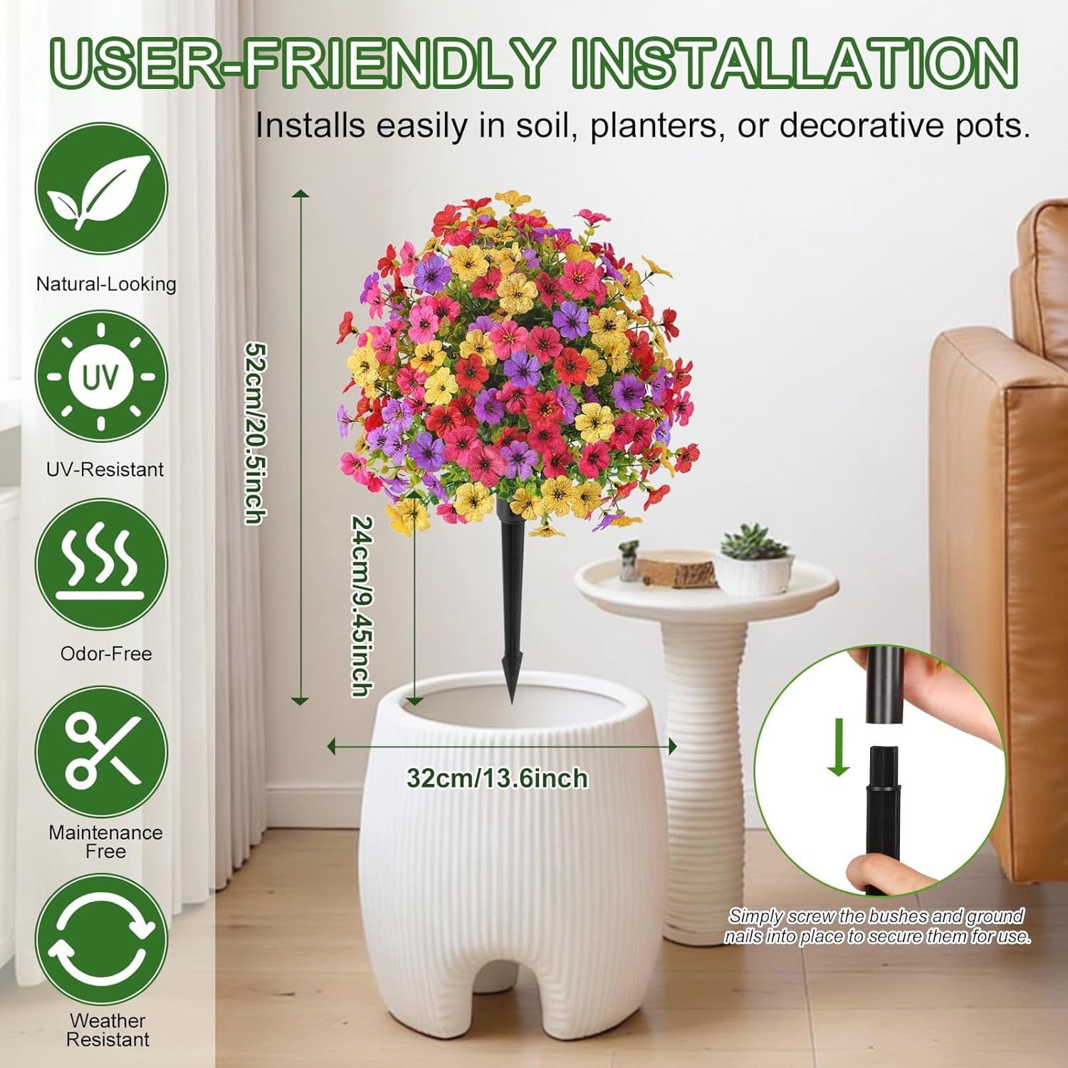 2Pcs 20" Artificial Topiary Ball Flowers For Outdoors Planters, Spring Decoration with Spike, UV Resistant Faux Summer Plants, Fake Bushes Indoor Decor, Mix 4 Colors for Garden