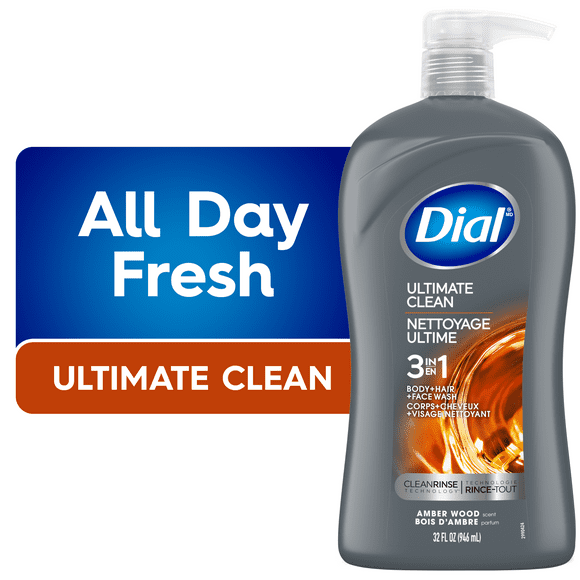 Nettoyant pour le corps, les cheveux et le visage 3-en-1 Dial Men, parfum de boise d'ambre, 946 ml, testé par des dermatologues, sans silicones, parabènes ni phtalates