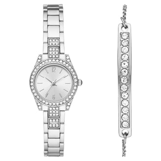Jessica Simpson Gemstone Stainless Steel Bracelet Watch | Mother of Pearl Dial Jessica Simpson Ladies 37mm Silver Tone Crystal Accent  main image 2