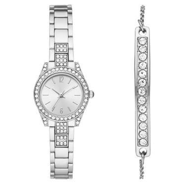 Time & Tru Women's Wristwatch: Silver Tone Watch & Bracelet Set with Crystal Accents (FMDXTT029)