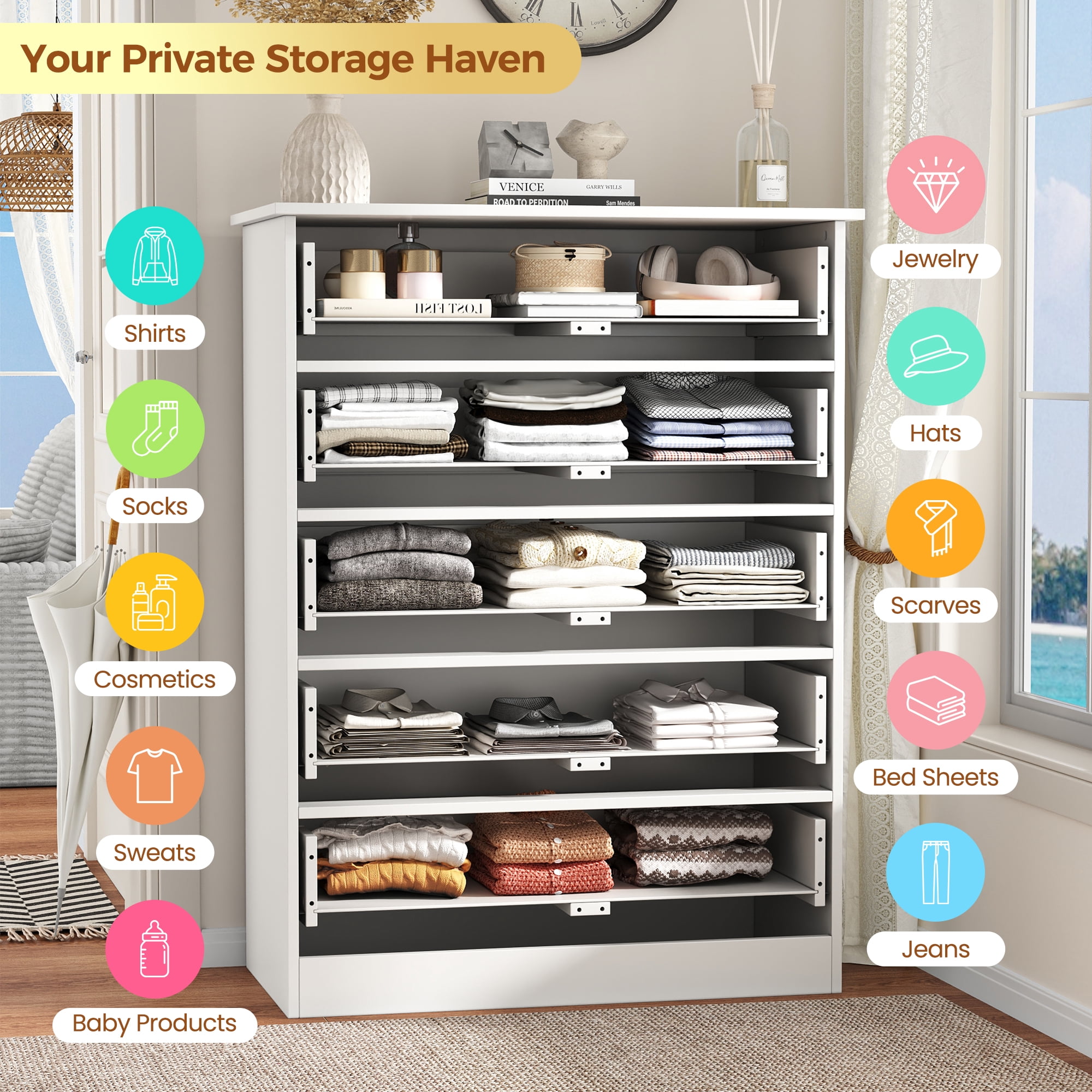 NEGYLIM 5 Drawer Dresser Tall, Modern White Chest of Drawers with Anti-Tip, Large Storage for Bedroom, Hallway, Entryway, (White)