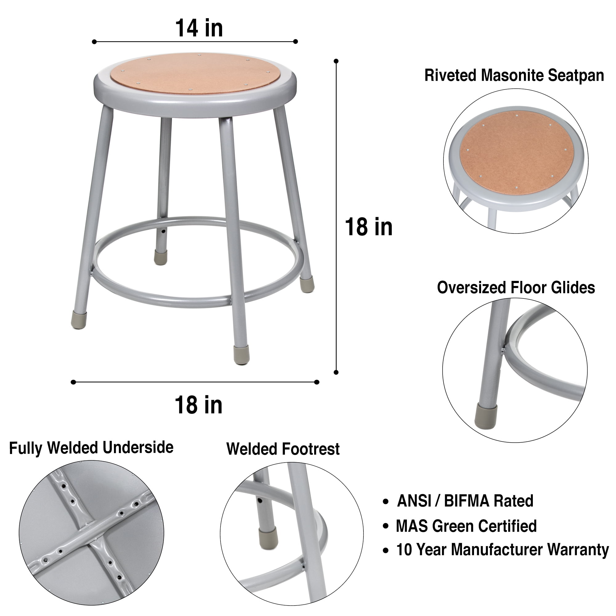 Hampden Furnishings Flynn Collection 18" Masonite/Steel Stool, Grey, Pack of 2