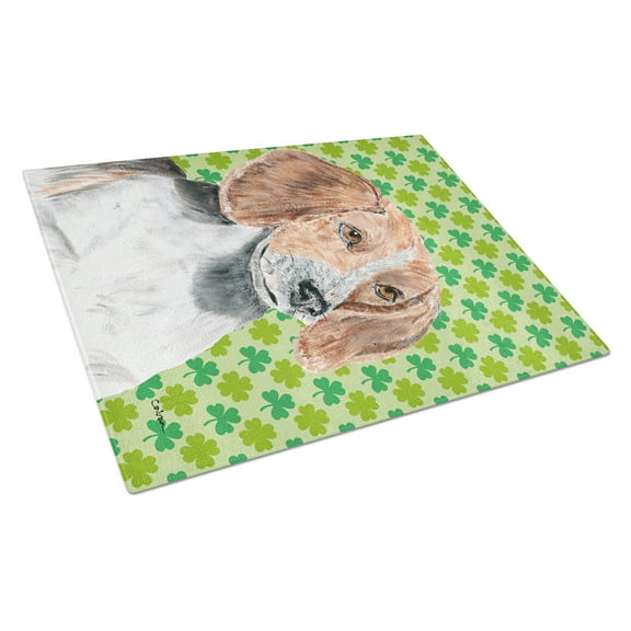 Caroline's Treasures SC9579LCB English Foxhound Lucky Shamrock St. Patrick's Day Glass Cutting Board Large, 12H x 16W,