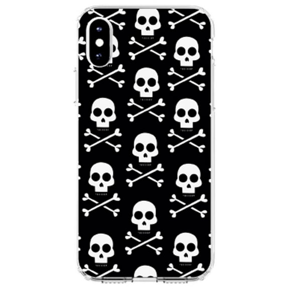 DistinctInk Clear Shockproof Hybrid Case for iPhone XS Max (6.5" Screen) - TPU Bumper, Acrylic Back, Tempered Glass Screen Protector - Black White Skulls Pattern