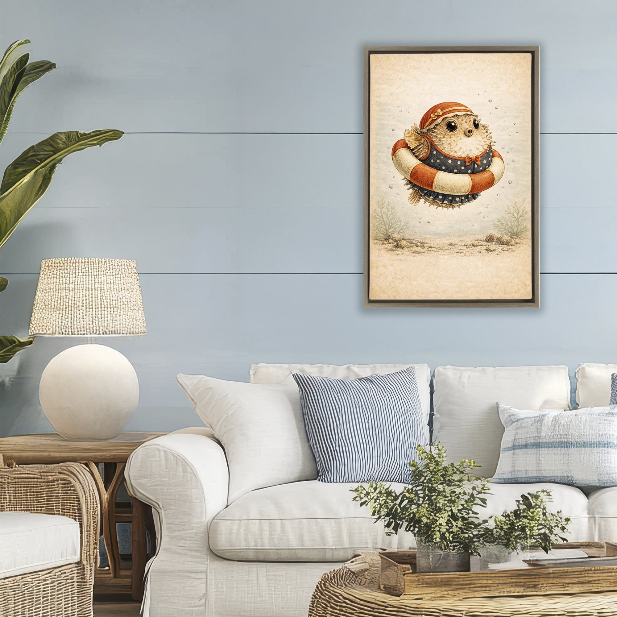Stupell Industries Pufferfish Of Maritime Bathing Society Brown Framed Floater Canvas Wall Art, design by Grotto Studios