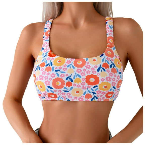 TTUHYWXI Bikini Tops for Women Cropped Tankini Tops Floral Flowers Printed Beach Padded Knot Twist Cut Out Bathing Suit Top Only,Pink XL