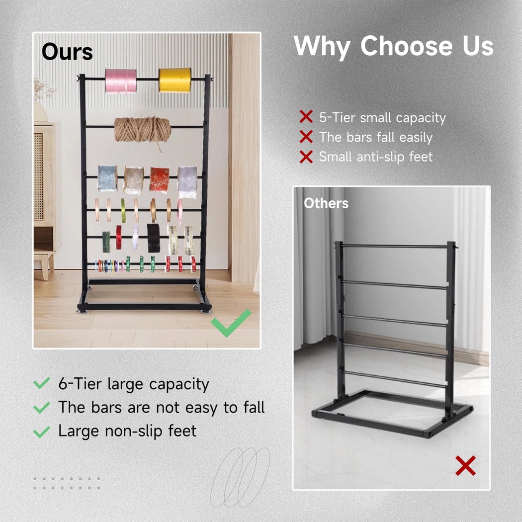 6-Tier Ribbon Holder, Large Capacity Ribbon Storage Rack, Height Adjustable Metal Spool Organizer, Countertop Ribbon Display Shelf Wrapping Paper Holder for Flower Store, Craft Room, Cake Shop