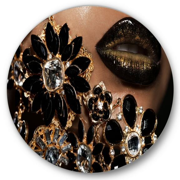 Designart 'Woman Lips With Golden Jewelry' Modern Circle Metal Wall Art 36x36 - Disc of 36