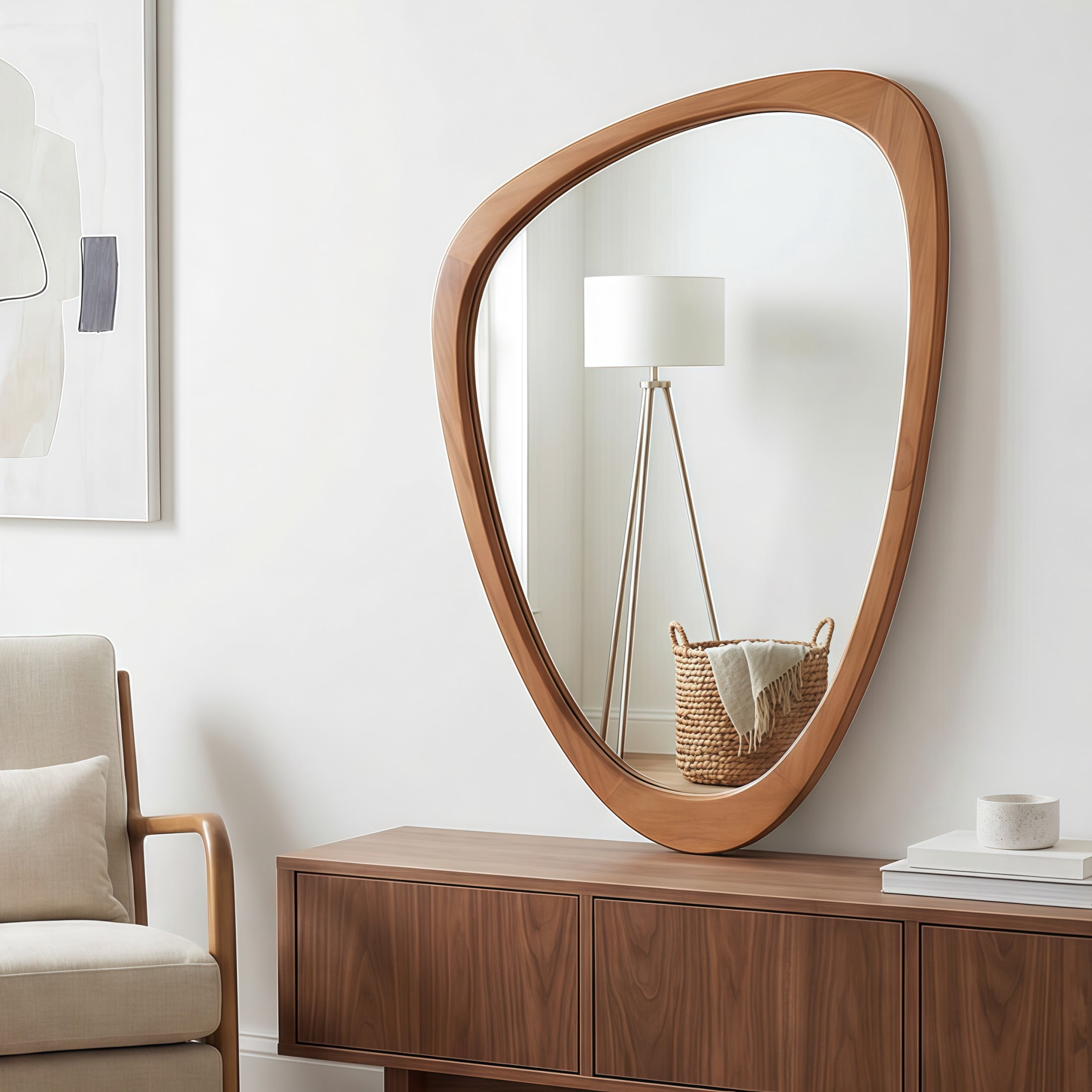 Noble House 24"x36" Irregular Solid Wood Wall Mirror, Modern Asymmetric Decorative Accent Bathroom Mirror, Yellowish Brown
