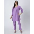 thumbnail image 2 of Moomaya Elegant 2-Pc V-Neck Coord Set, Inverted Pleat Viscose Kurta with Broad Cuff Sleeves & Pockets, 2 of 9