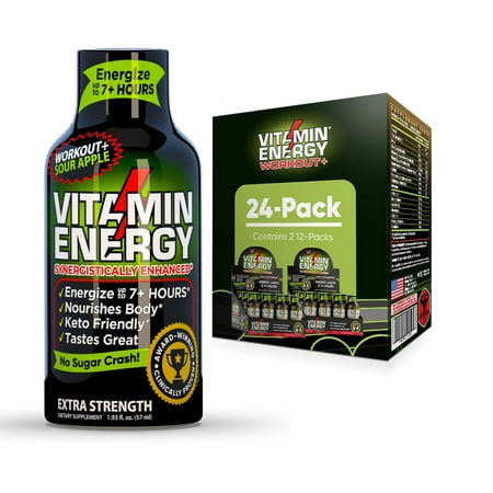 Vitamin Energy Pre-Workout Extra Strength Shot, Berry, 24 Pack – 260mg Natural Green Tea Caffeine, Keto-Friendly Endurance Blend, Zero Sugar, 1.93 fl oz