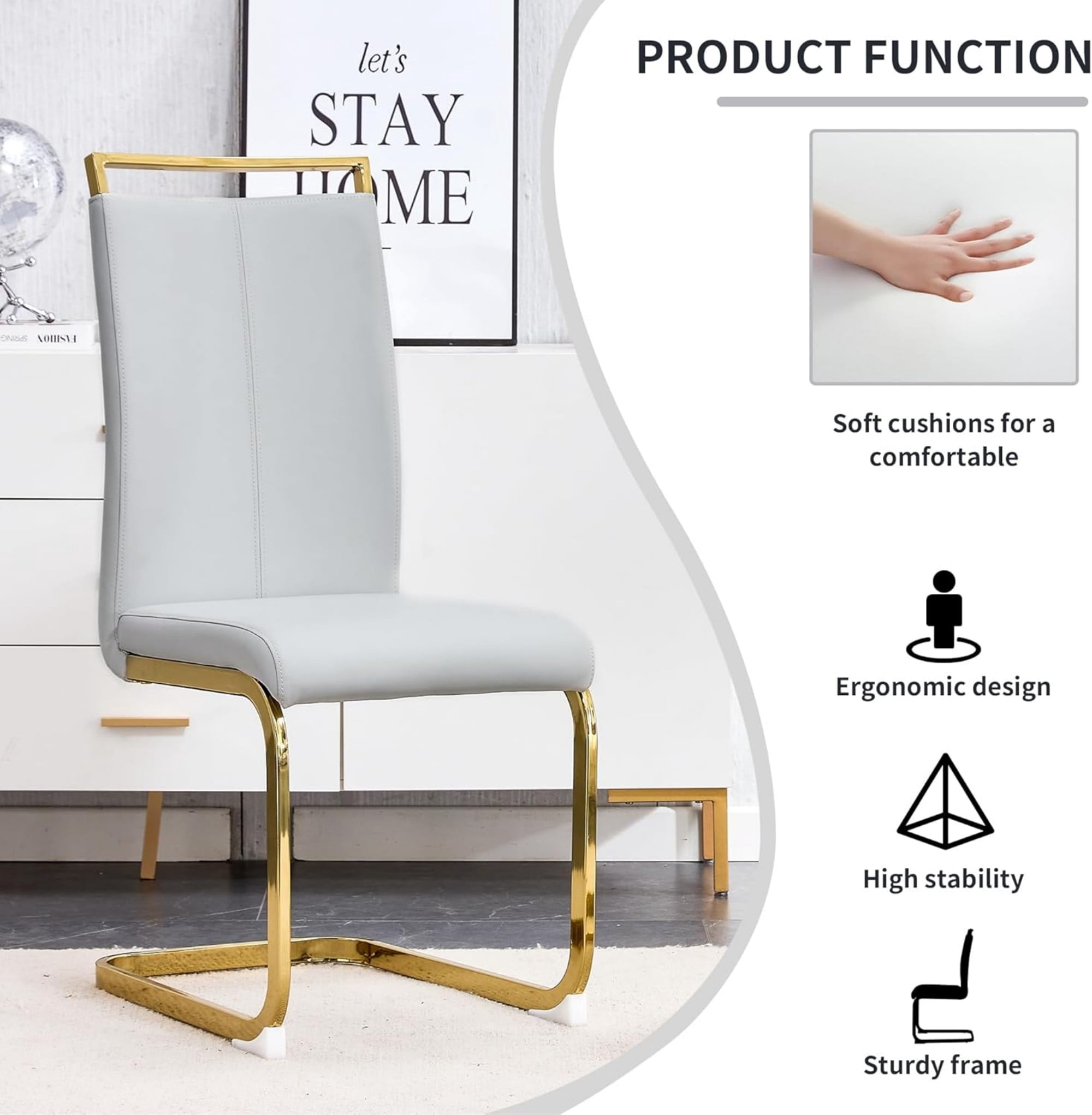 SUDICA Modern Light Grey Faux Leather Dining Chairs Set of 4, High Back Upholstered Seats with Gold Metal Legs for Dining Room
