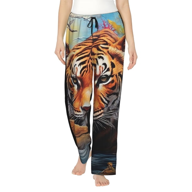 Fotbe Colorful Plant Tiger Pantalones de Pijama para Mujer, Pantalones de Dormir, Pantalones Pj con Cordón y Bolsillos-Large