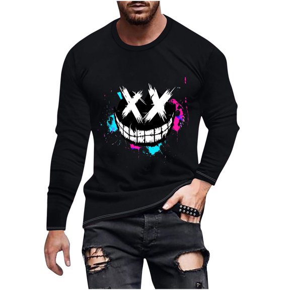 XFYSSS Fashion Casual Men's Printed Top Long Sleeved Round Neck And Smiling Face Printed Top Long Sleeve Round-Neck Blouses & Shirts