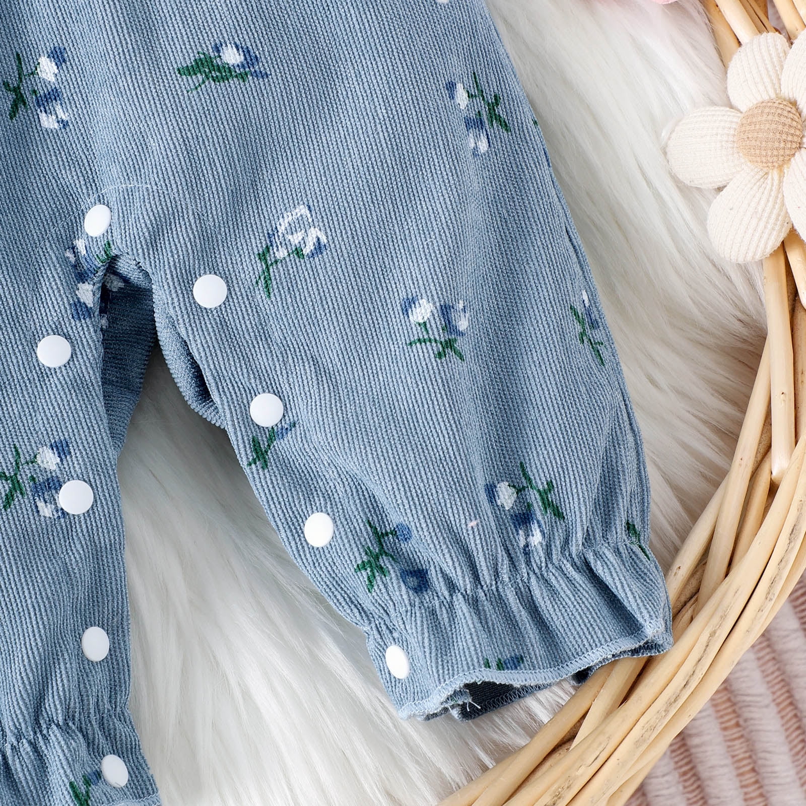 Karoyedx Baby Girl Romper Newborn Baby Girl Fall Clothes Corduroy Floral Bow Jumpsuits Ruffle Long Sleeve Outfit Infant Cute Romper Blue Size,3-6 Months
