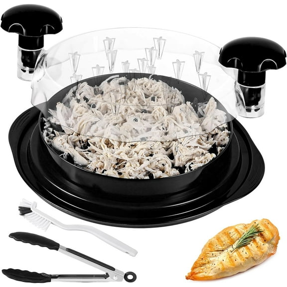 Chicken Shredder Chicken Breast Shredder Tool Twist with Brush and Tongs Heat Resistant Anti-Skid Meat Shredder Machine with Transparent Lid Meat Shredder Tool Twist for Pork Beef Chicken (black)