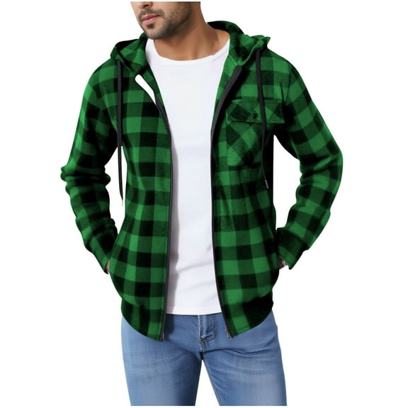 zfhfof Men's Flannel Hoodie Plaid Shirts Long Sleeve Zip Up Casual Shirt Jacket Lightweight Fall Shacket Hooded Outwear with Pockets