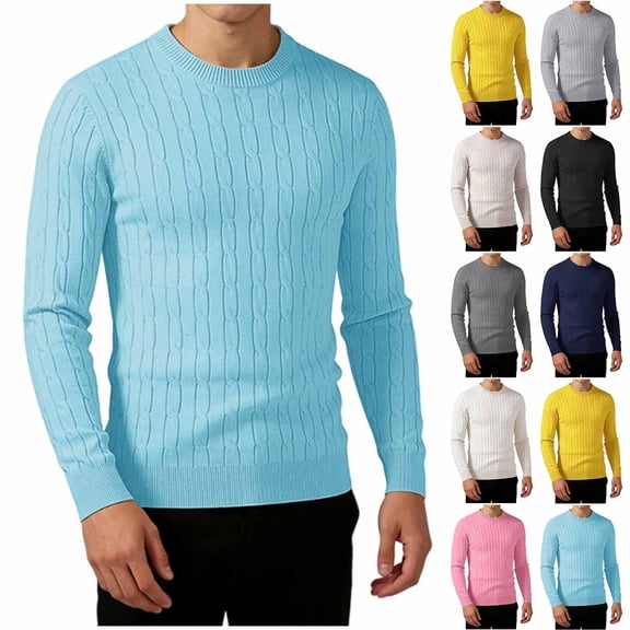 Jewelreauty Mens Sweaters Cable Knit Crewneck Plain Pullover Sweatshirt Comfy Long Sleeve Fall Winter Tops (XL, Sky Blue)