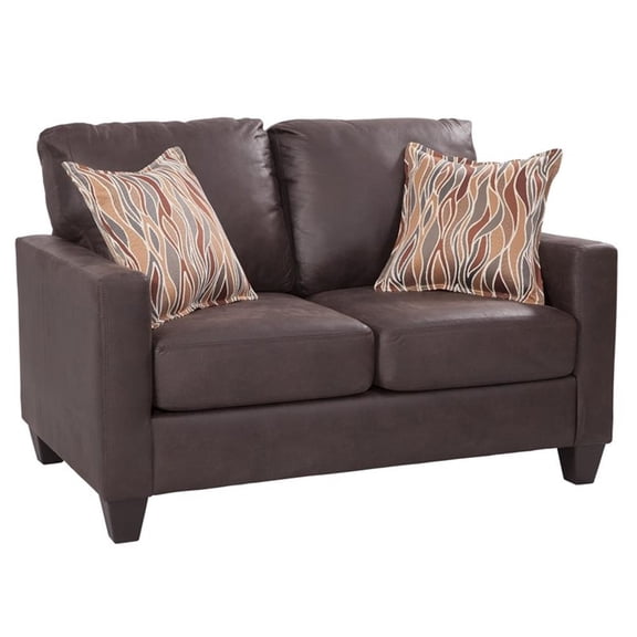 American Furniture Classics Model 8-020-A7V2 Square Arm Loveseat in Pinto Brown Faux Leather with Two Accent Pillows