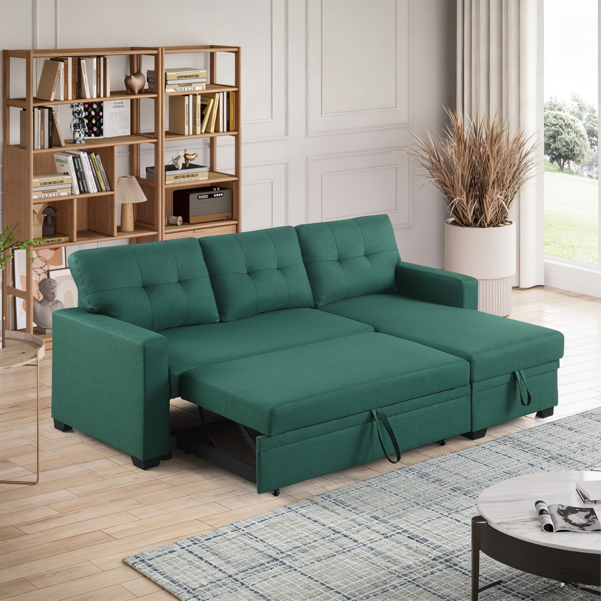 BSHTI 82" 3-Seat Linen Pull Out Sectional Sleeper Sofa with Storage Chaise, Removable Back Cushions for Living Room（Green）
