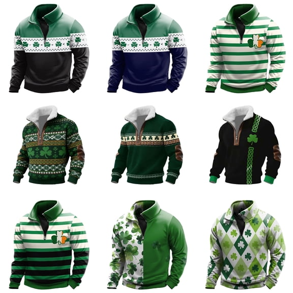 KKBOTIVE Mens St Patricks Day Sweatshirt Shamrock Irish Printed Shirt Quarter Zip Stand Collar Pullover Sweater Men's Fashion, Green Size: S