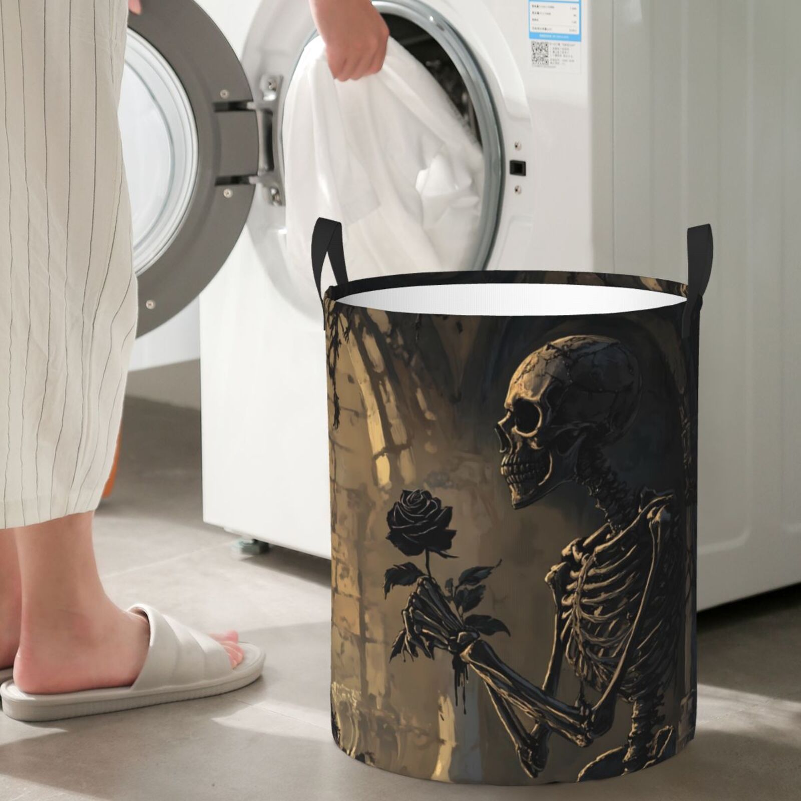 Large Laundry Basket with Handles - Halloween Gothic Skull Rose B Kids Baby Dirty Clothes Laundry Hamper for Bedroom Aesthetic