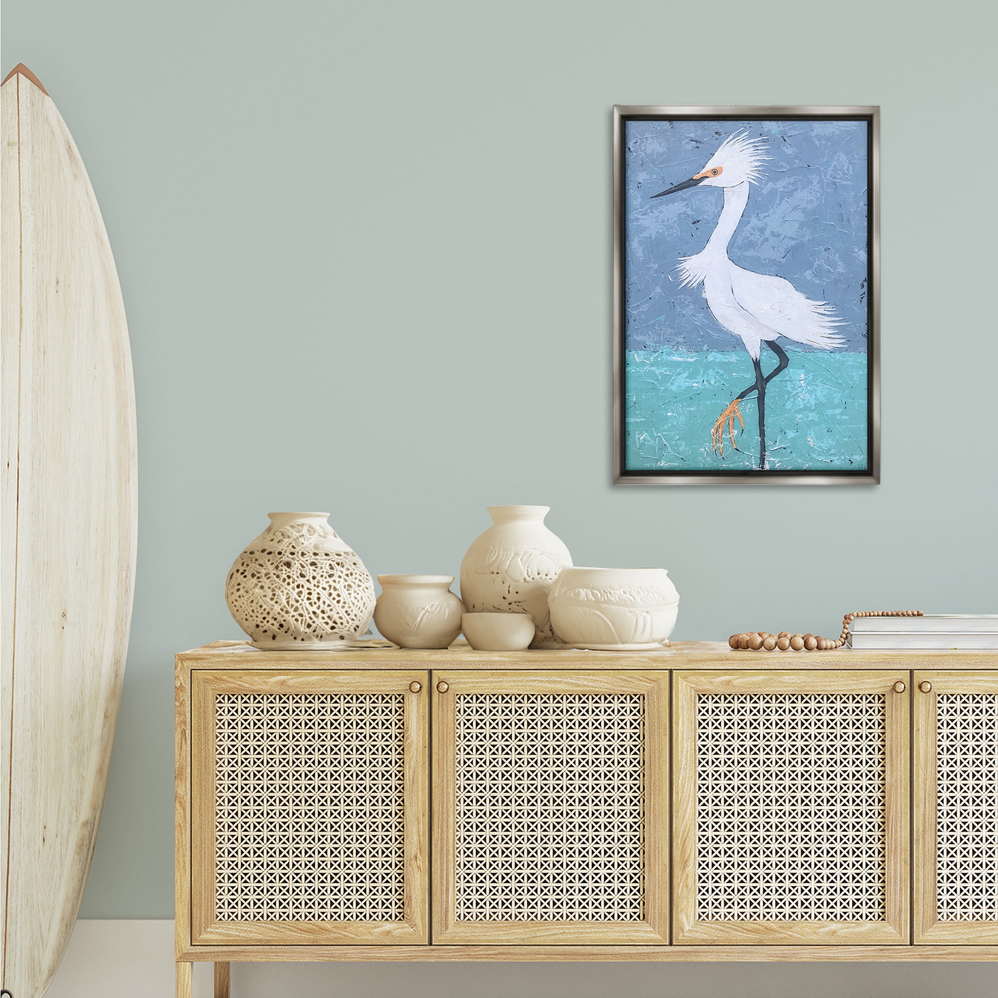 Stupell Industries Sea Bird Stepping Animals & Insects Painting Gray Floater Framed Canvas Art Print Wall Art, 21 x 31