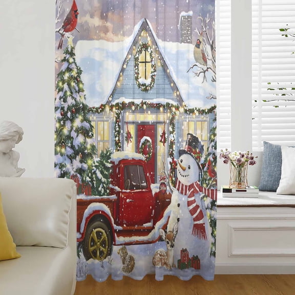 Christmas Semi Sheer Curtains Drapes for Living Room, Bedroom, French Doors Window 72 Inches Long, Farmhouse Xmas Snowman Truck Tree Rod Pocket Chiffon Curtain Drapery Voile Draperies Panel