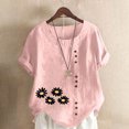 thumbnail image 2 of Cmfcve Women's Graphic Tops Short Sleeve Round Neck Cotton Linen Tee Shirt Daisy Printed Henley Button Blouse, 2 of 5