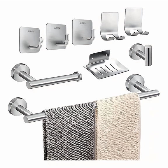 9-Pieces Matte Black Bathroom Accessories Set, Bathroom Hardware Set,Stainless Steel Towel Racks for Bathroom Wall Mounted,Towel Racks for Bathroom,Toilet Paper Holder and Ring(Silver)