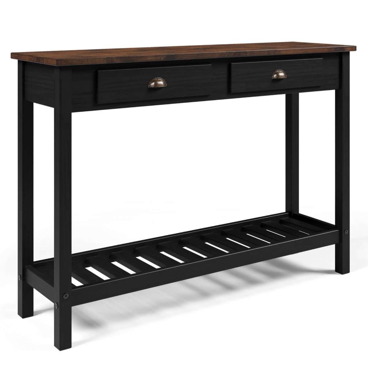 OSHOME Solid Pine Farmhouse Console Table with 2 Drawers and Shelf – Entryway Hall Table, Harvest Black & Distressed Brown Top
